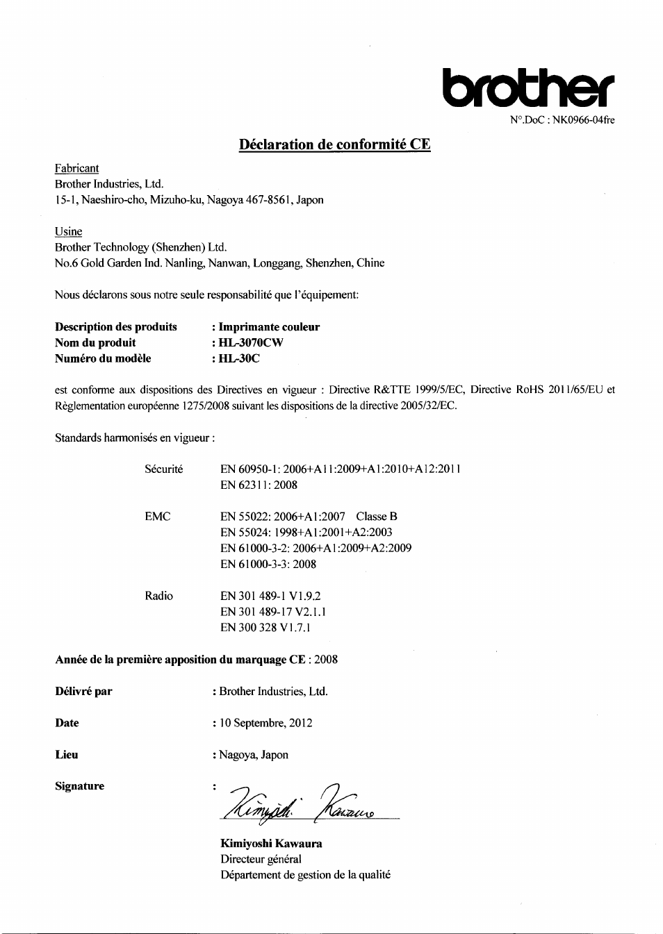 Déclaration de conformité ce, Brother | Brother HL 3070CW User Manual | Page 2 / 7