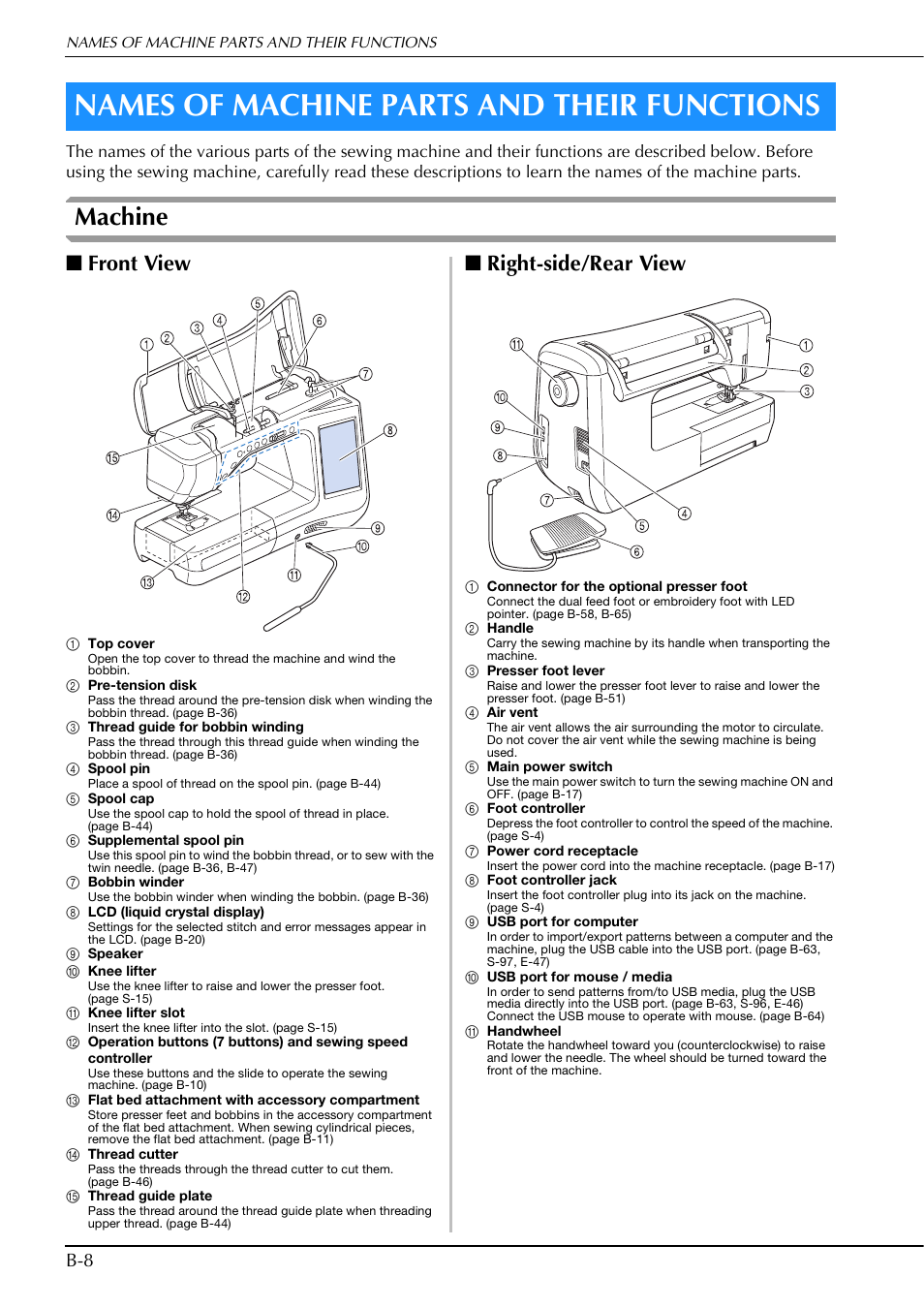 Names of machine parts and their functions, Machine, Front view | Right-side/rear view | Brother Innov-is V5 User Manual | Page 10 / 312
