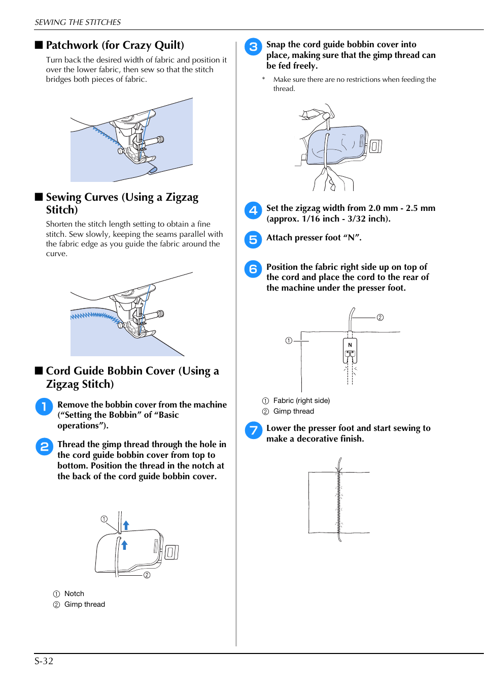 Patchwork (for crazy quilt), Sewing curves (using a zigzag stitch), Cord guide bobbin cover (using a zigzag stitch) | Brother Innov-is V5 User Manual | Page 100 / 312