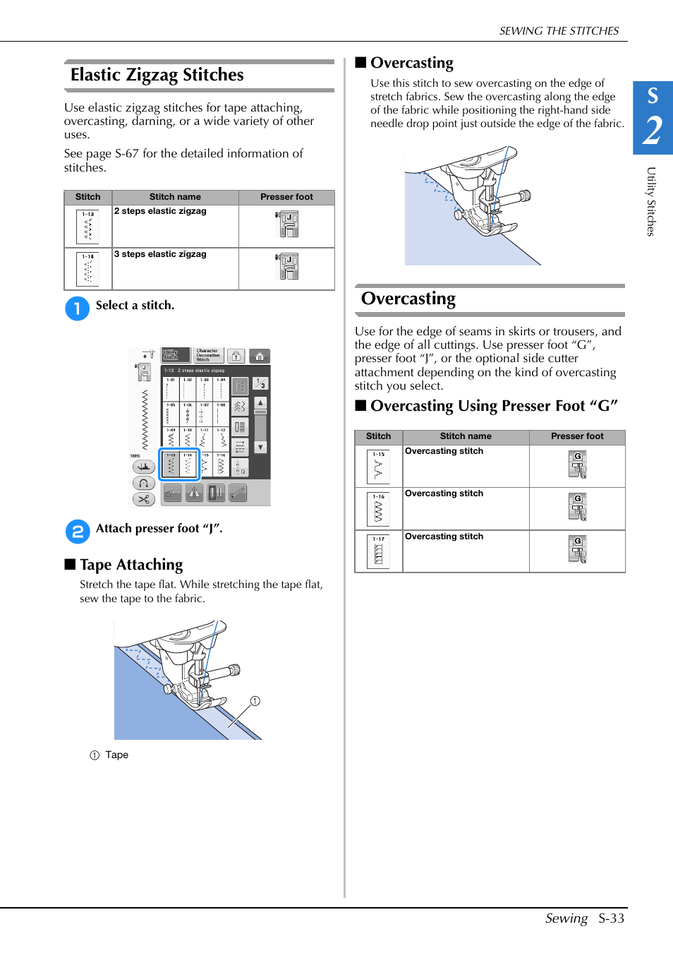 Elastic zigzag stitches, Tape attaching, Overcasting | Overcasting using presser foot “g | Brother Innov-is V5 User Manual | Page 101 / 312