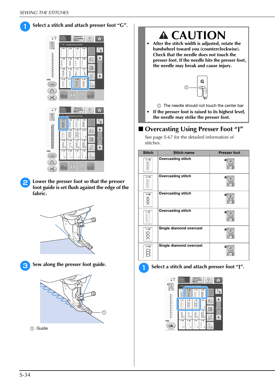Caution, Overcasting using presser foot “j, S-34 | Brother Innov-is V5 User Manual | Page 102 / 312