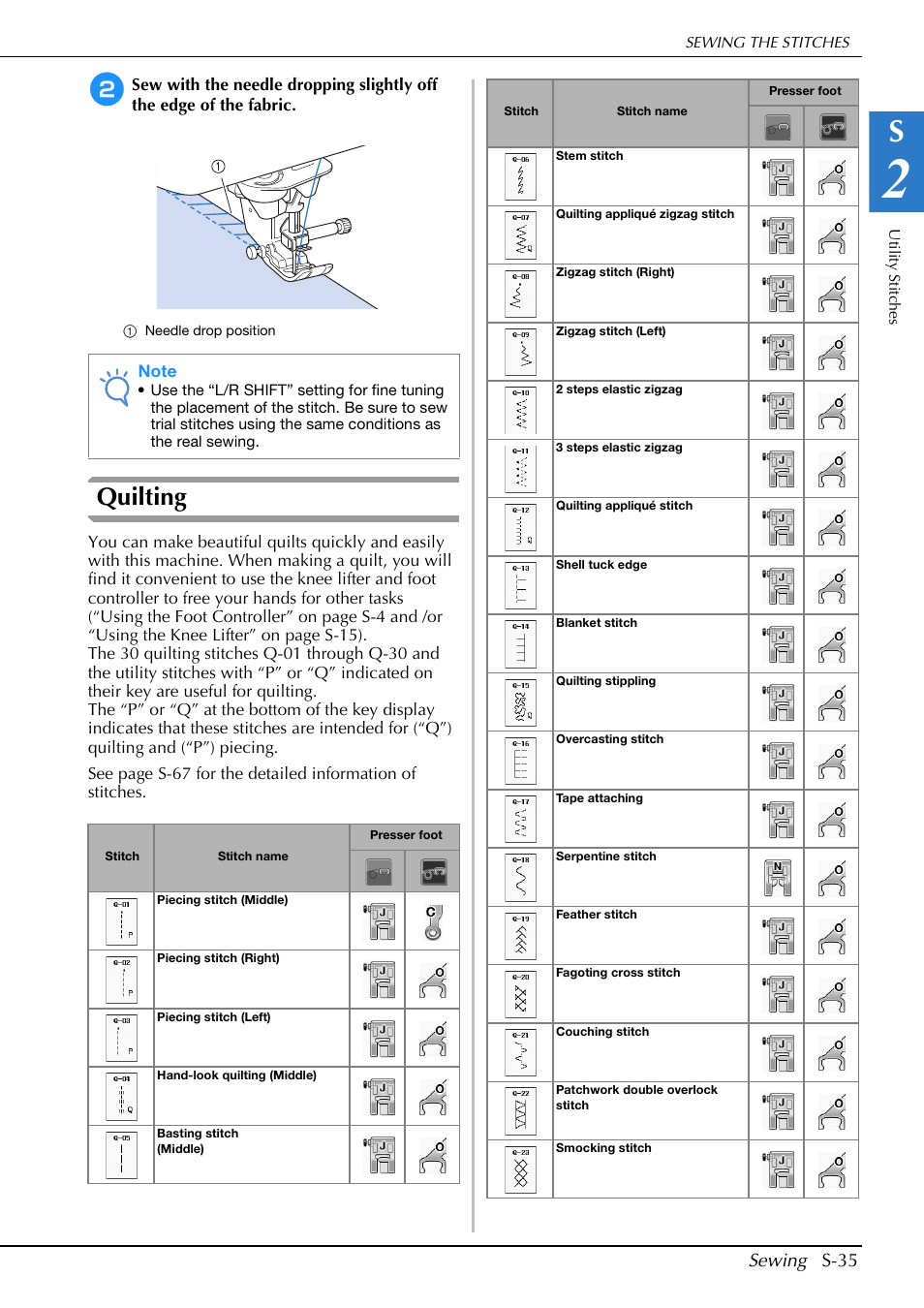 Quilting, Sewing s-35 | Brother Innov-is V5 User Manual | Page 103 / 312