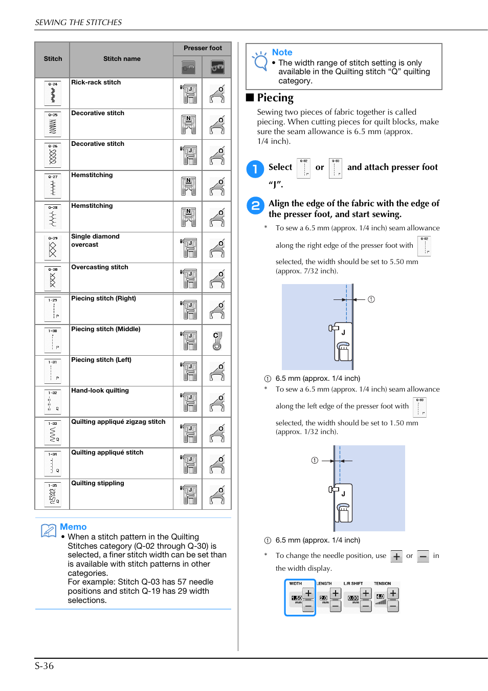 Piecing, S-36 | Brother Innov-is V5 User Manual | Page 104 / 312