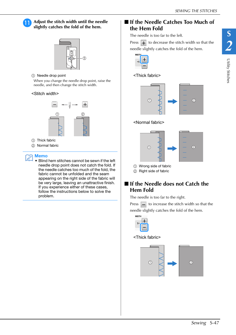 If the needle catches too much of the hem fold, If the needle does not catch the hem fold | Brother Innov-is V5 User Manual | Page 115 / 312