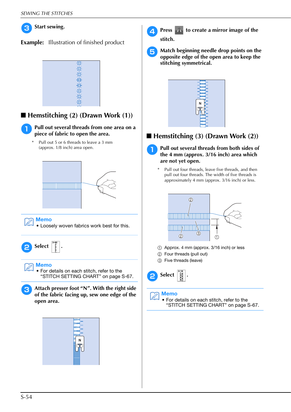 Hemstitching (2) (drawn work (1)), Hemstitching (3) (drawn work (2)) | Brother Innov-is V5 User Manual | Page 122 / 312