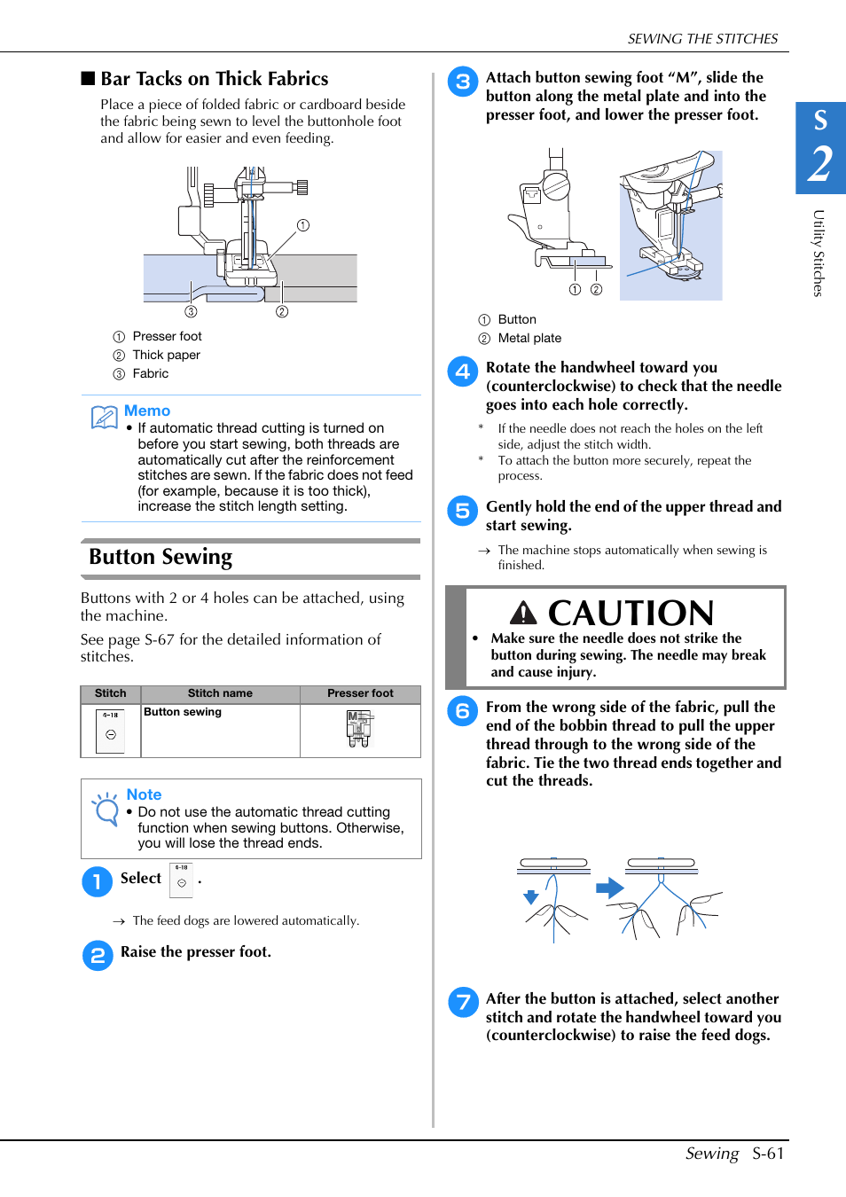 Caution, Button sewing, Bar tacks on thick fabrics | Brother Innov-is V5 User Manual | Page 129 / 312