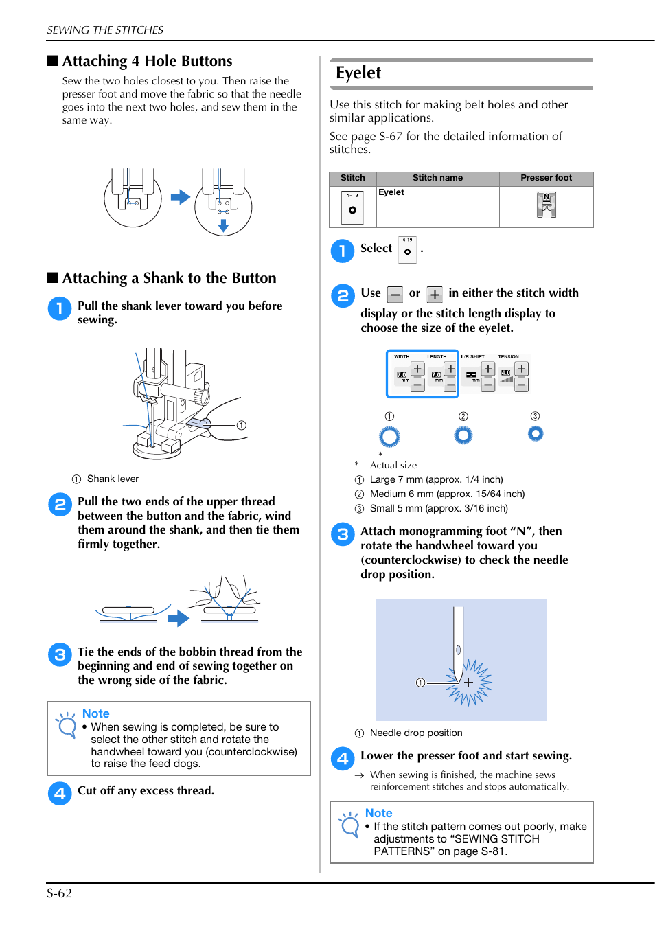 Eyelet, Attaching 4 hole buttons, Attaching a shank to the button | Brother Innov-is V5 User Manual | Page 130 / 312