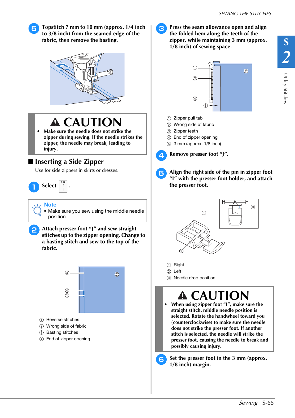 Caution, Inserting a side zipper | Brother Innov-is V5 User Manual | Page 133 / 312