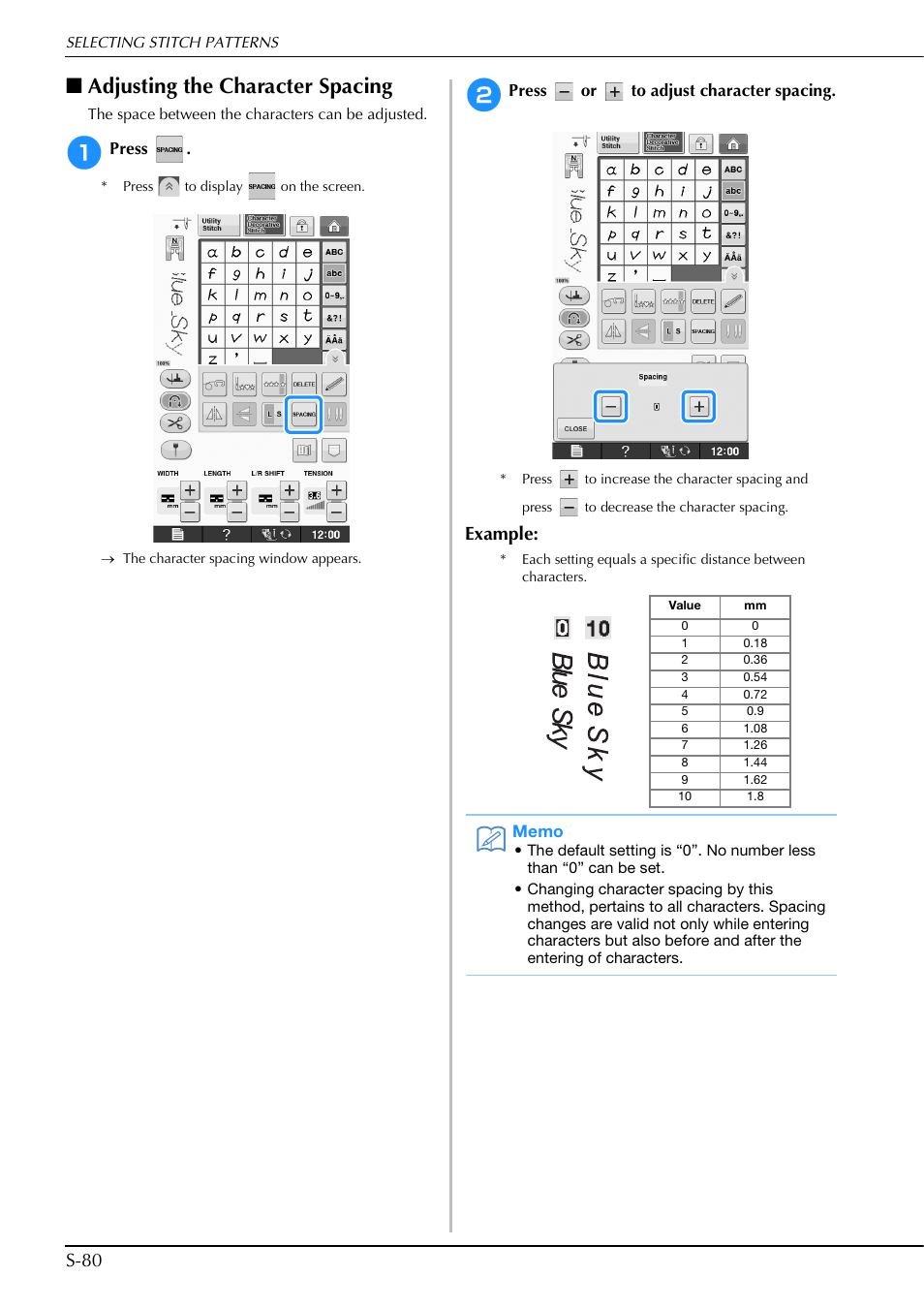 Adjusting the character spacing, S-80, Example | Brother Innov-is V5 User Manual | Page 148 / 312