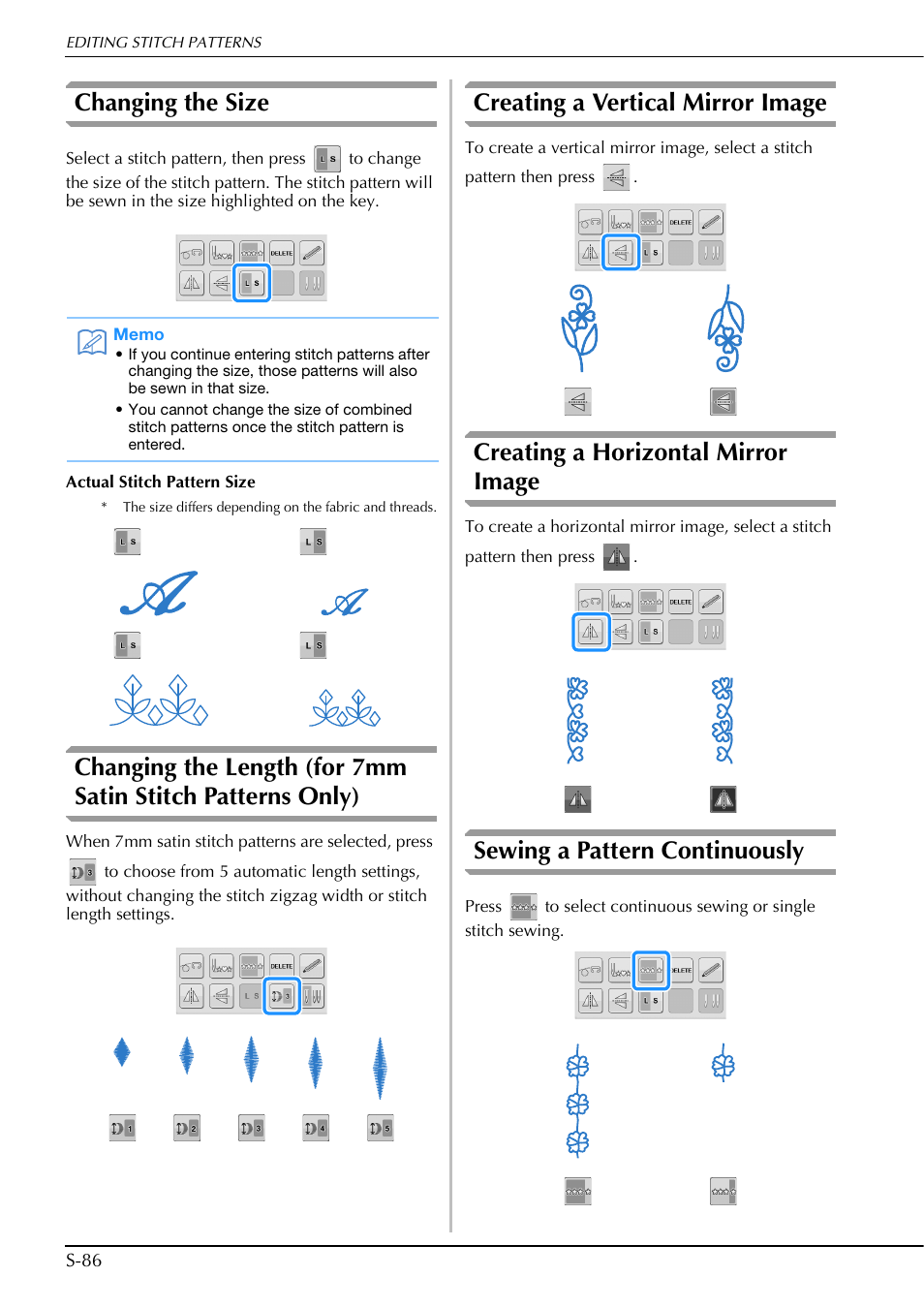 Changing the size, Creating a vertical mirror image, Creating a horizontal mirror image | Sewing a pattern continuously | Brother Innov-is V5 User Manual | Page 154 / 312