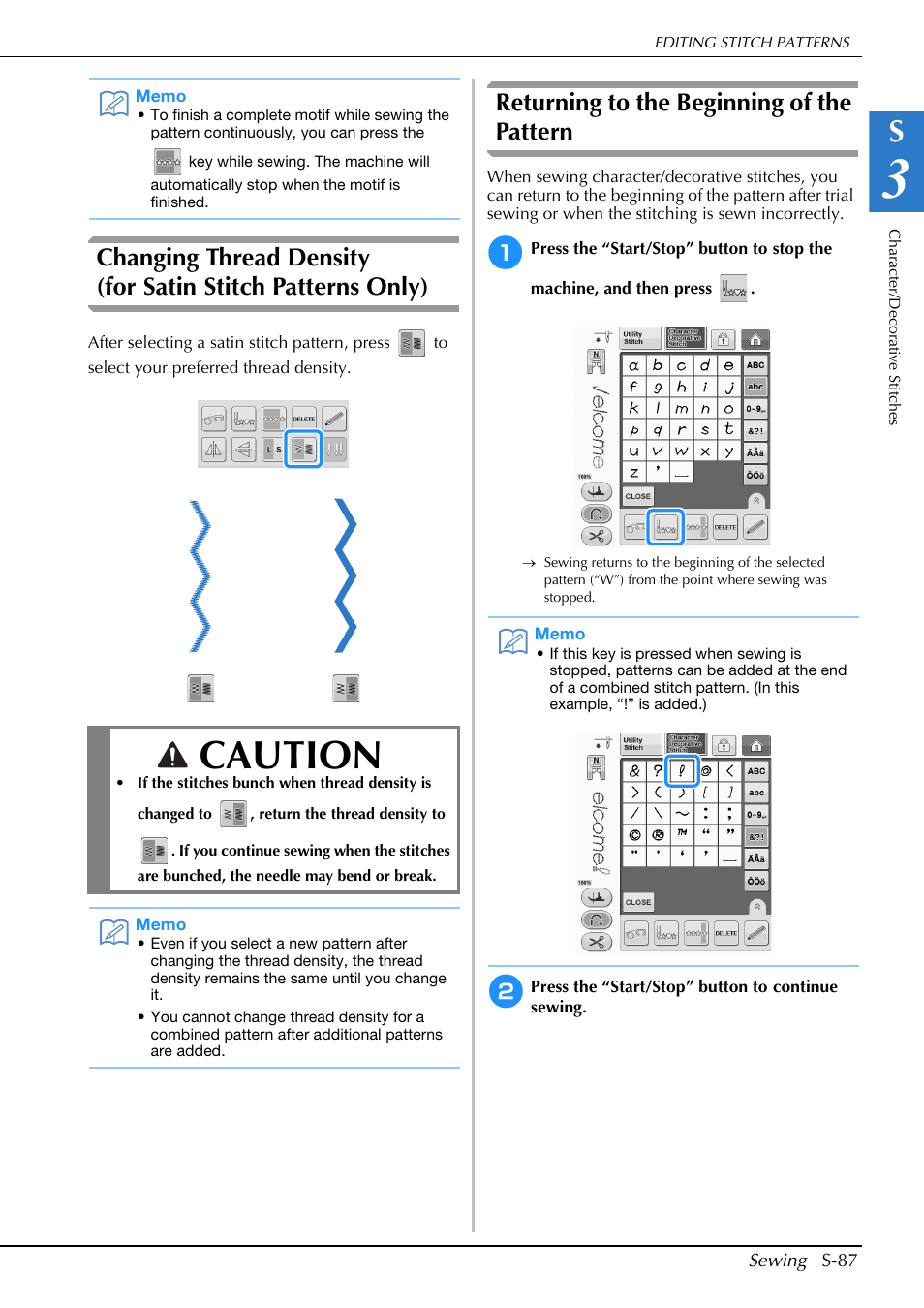 Caution, Returning to the beginning of the pattern | Brother Innov-is V5 User Manual | Page 155 / 312