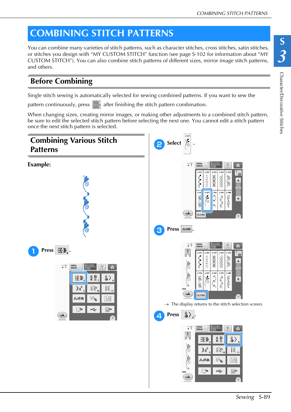 Combining stitch patterns, Before combining, Combining various stitch patterns | Brother Innov-is V5 User Manual | Page 157 / 312