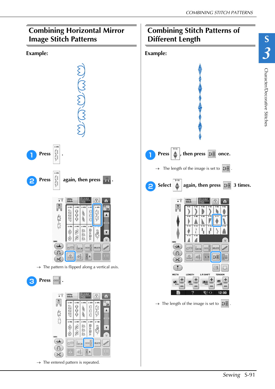 Combining horizontal mirror image stitch patterns, Combining stitch patterns of different length | Brother Innov-is V5 User Manual | Page 159 / 312