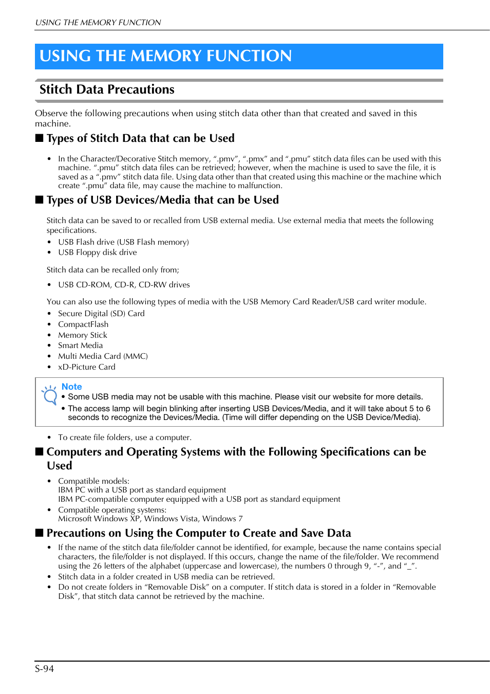 Stitch data precautions, Types of stitch data that can be used, Types of usb devices/media that can be used | Brother Innov-is V5 User Manual | Page 162 / 312
