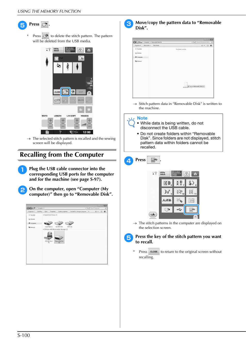 Recalling from the computer, S-100 | Brother Innov-is V5 User Manual | Page 168 / 312