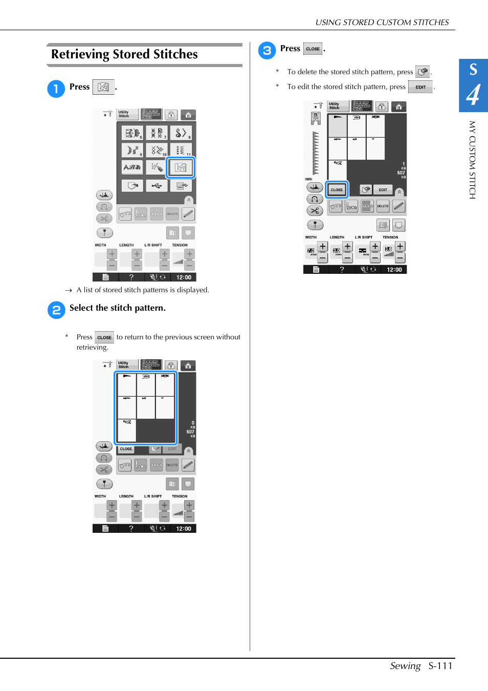 Retrieving stored stitches | Brother Innov-is V5 User Manual | Page 179 / 312