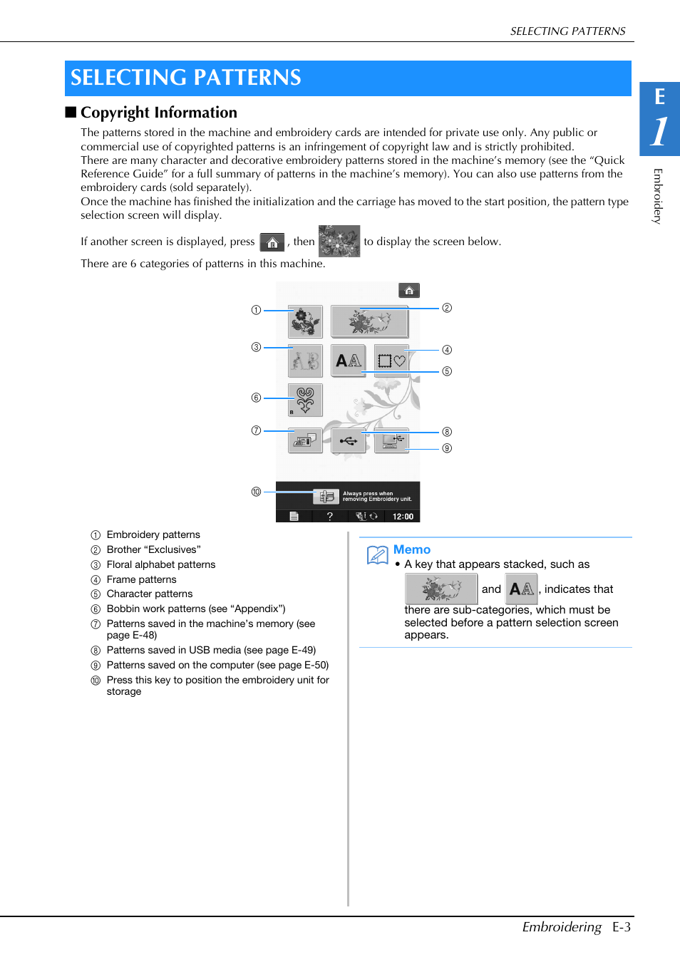 Selecting patterns, Copyright information | Brother Innov-is V5 User Manual | Page 183 / 312