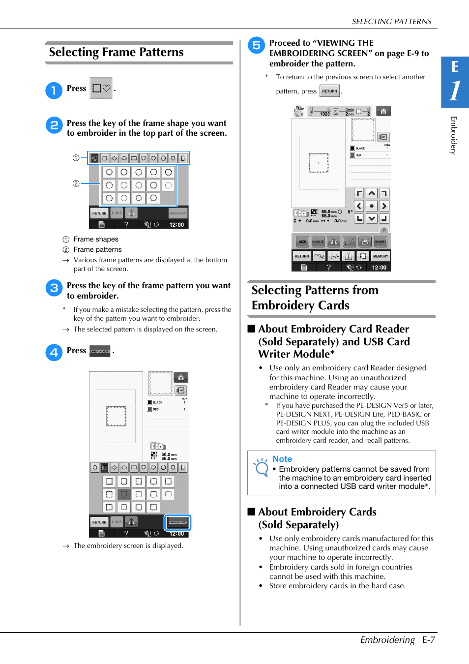 Selecting frame patterns, Selecting patterns from embroidery cards, About embroidery cards (sold separately) | Brother Innov-is V5 User Manual | Page 187 / 312
