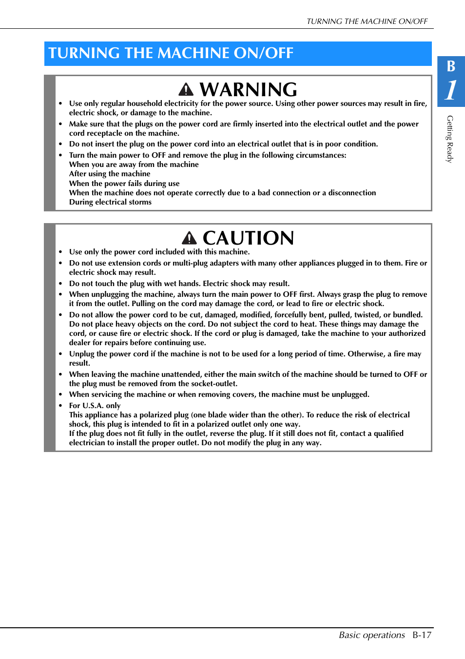 Warning, Caution, Turning the machine on/off | Brother Innov-is V5 User Manual | Page 19 / 312