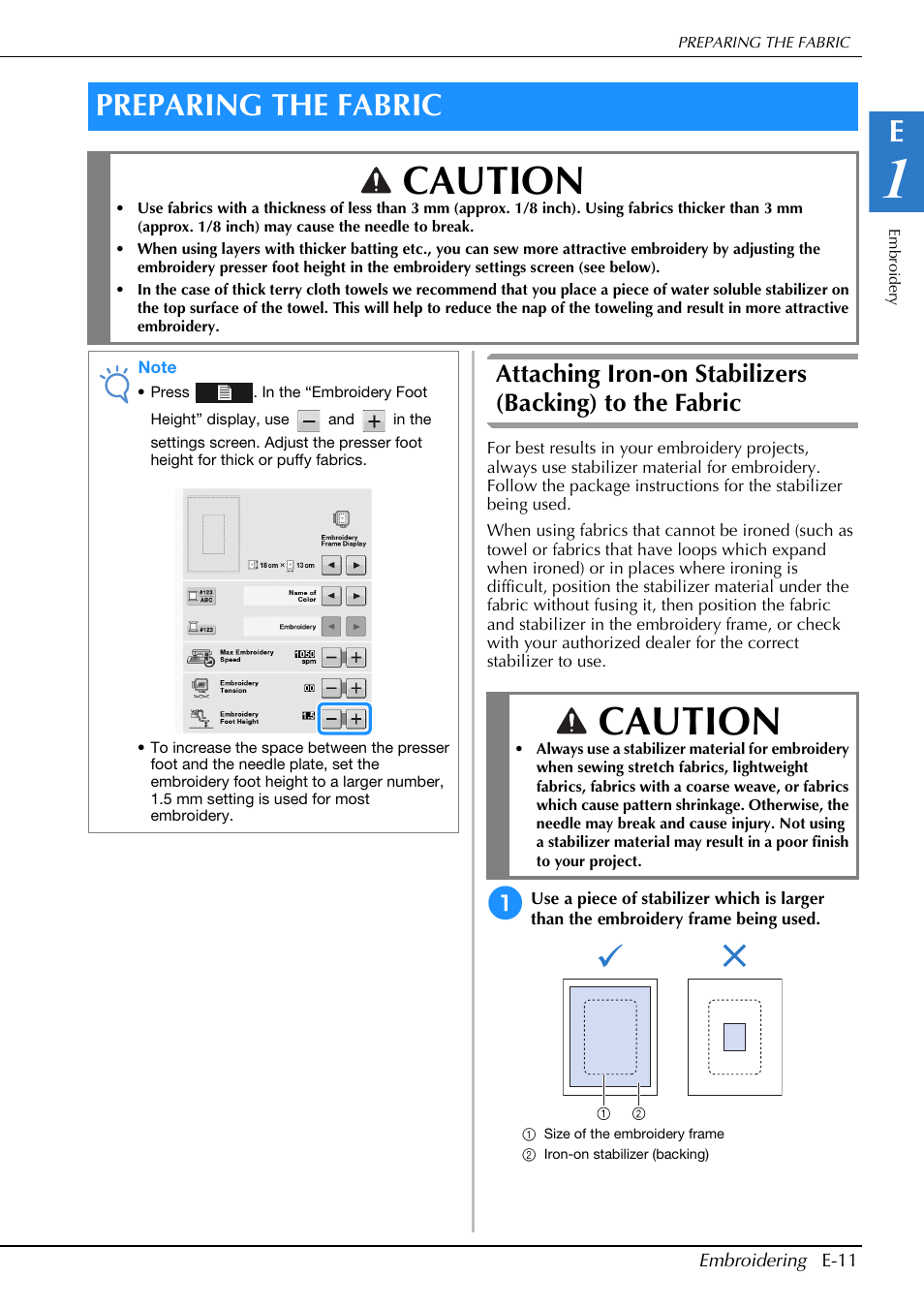 Caution, Preparing the fabric | Brother Innov-is V5 User Manual | Page 191 / 312