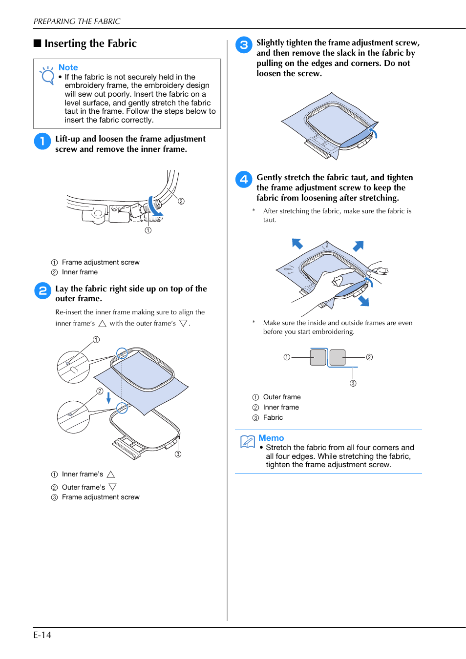 Inserting the fabric, E-14 | Brother Innov-is V5 User Manual | Page 194 / 312