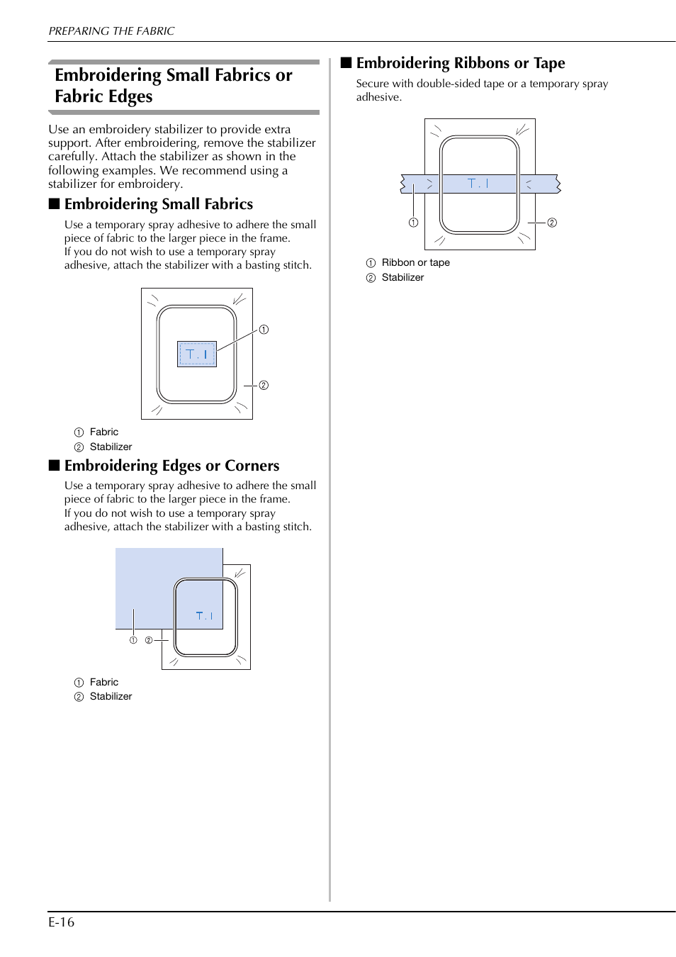 Embroidering small fabrics or fabric edges, Embroidering small fabrics, Embroidering edges or corners | Embroidering ribbons or tape | Brother Innov-is V5 User Manual | Page 196 / 312