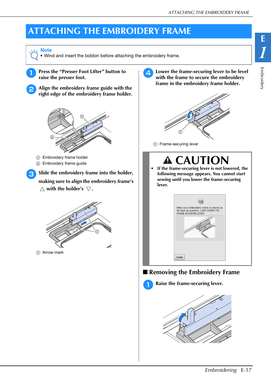 Caution, Attaching the embroidery frame | Brother Innov-is V5 User Manual | Page 197 / 312