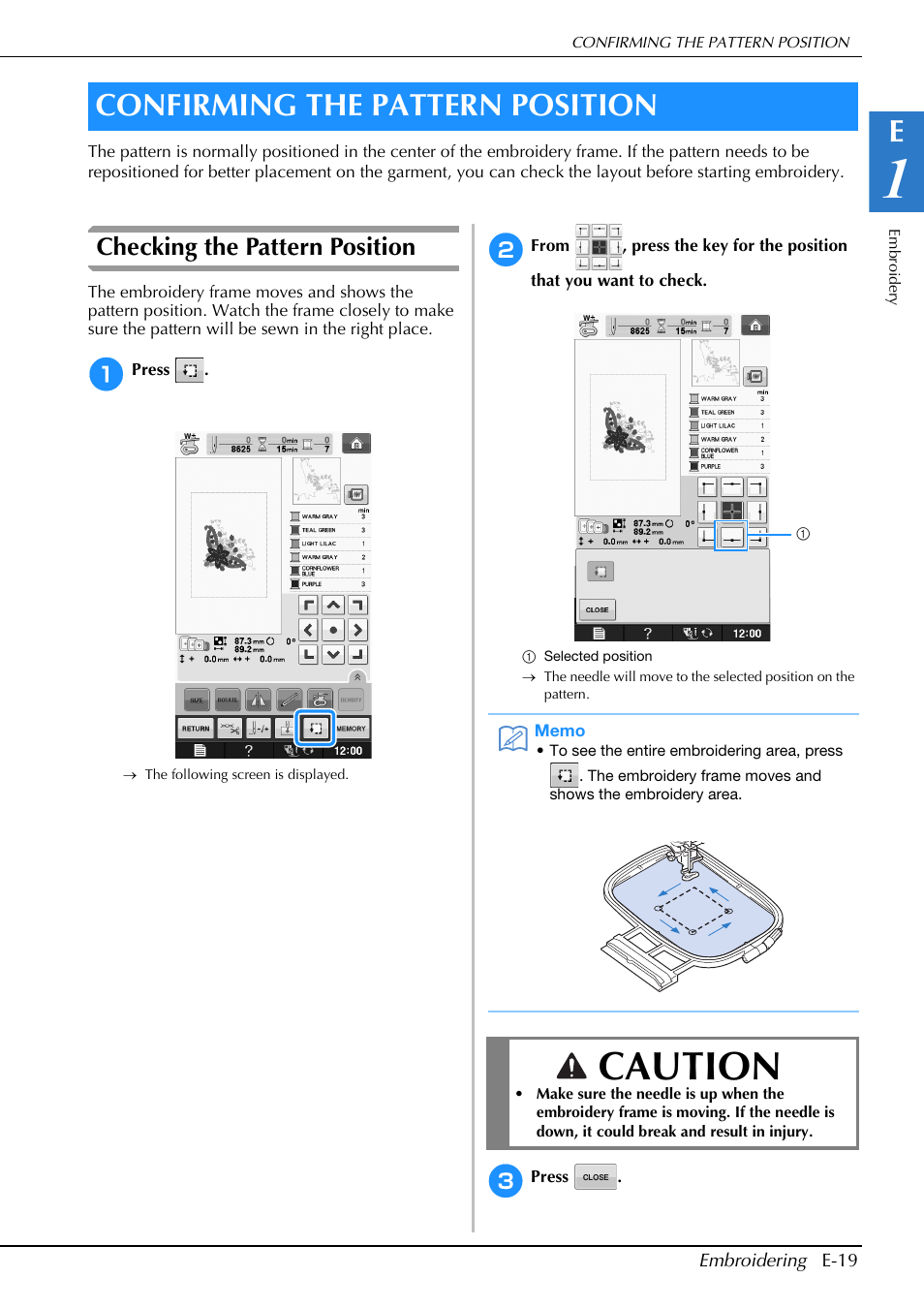 Caution, Confirming the pattern position, Checking the pattern position | Brother Innov-is V5 User Manual | Page 199 / 312