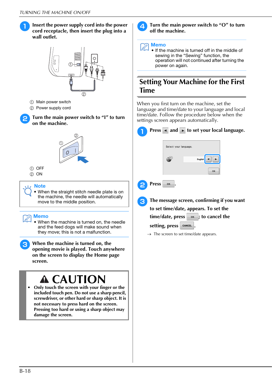 Caution, Setting your machine for the first time | Brother Innov-is V5 User Manual | Page 20 / 312