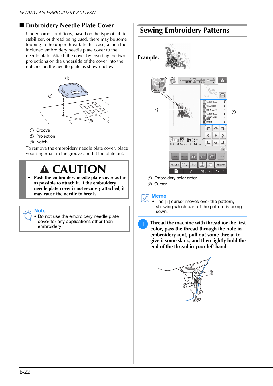 Caution, Sewing embroidery patterns, Embroidery needle plate cover | Brother Innov-is V5 User Manual | Page 202 / 312