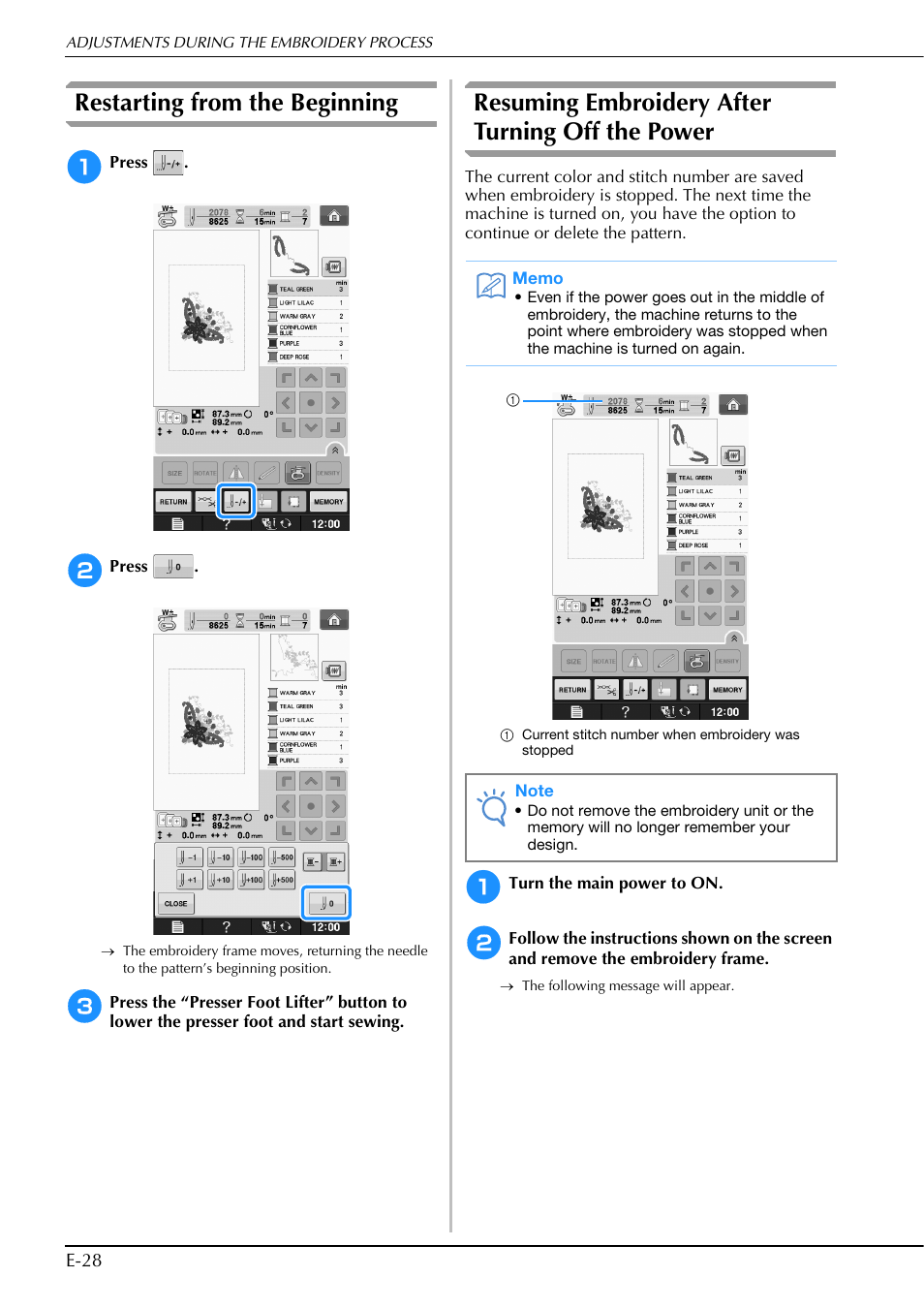 Restarting from the beginning, Resuming embroidery after turning off the power | Brother Innov-is V5 User Manual | Page 208 / 312