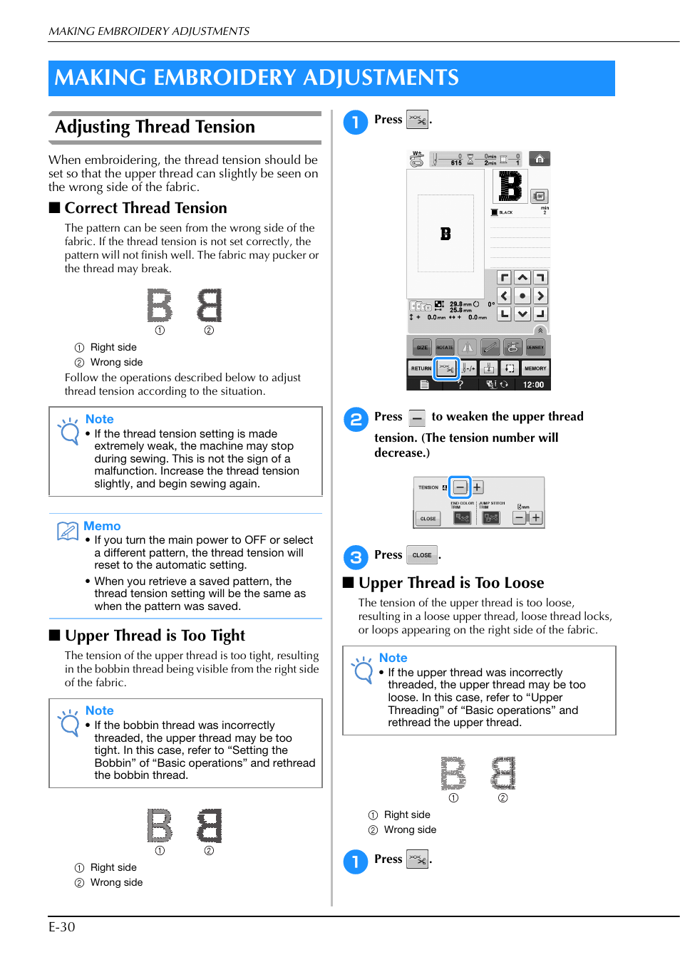 Making embroidery adjustments, Adjusting thread tension, Correct thread tension | Upper thread is too tight, Upper thread is too loose | Brother Innov-is V5 User Manual | Page 210 / 312
