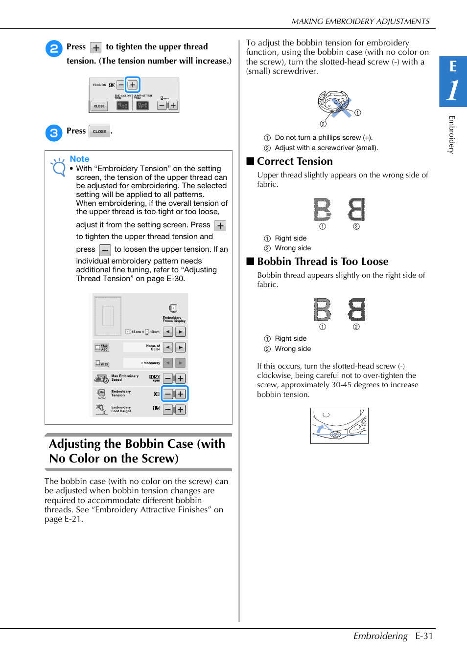 Correct tension, Bobbin thread is too loose | Brother Innov-is V5 User Manual | Page 211 / 312