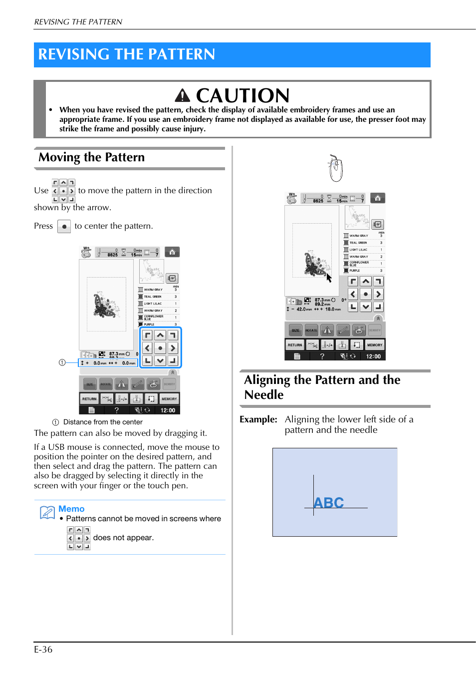 Caution, Revising the pattern, Moving the pattern | Aligning the pattern and the needle | Brother Innov-is V5 User Manual | Page 216 / 312