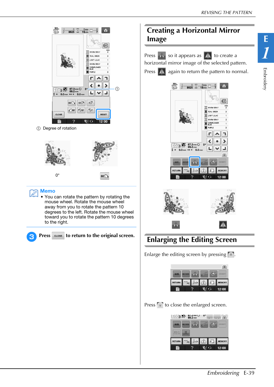 Creating a horizontal mirror image, Enlarging the editing screen | Brother Innov-is V5 User Manual | Page 219 / 312