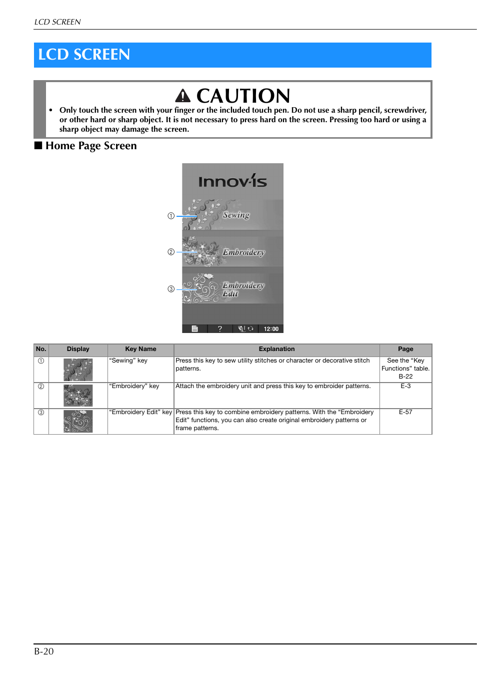 Caution, Lcd screen, Home page screen | B-20 | Brother Innov-is V5 User Manual | Page 22 / 312