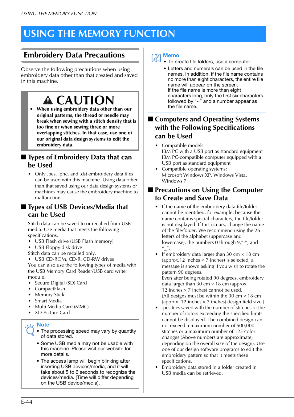 Caution, Embroidery data precautions, Types of embroidery data that can be used | Types of usb devices/media that can be used | Brother Innov-is V5 User Manual | Page 224 / 312