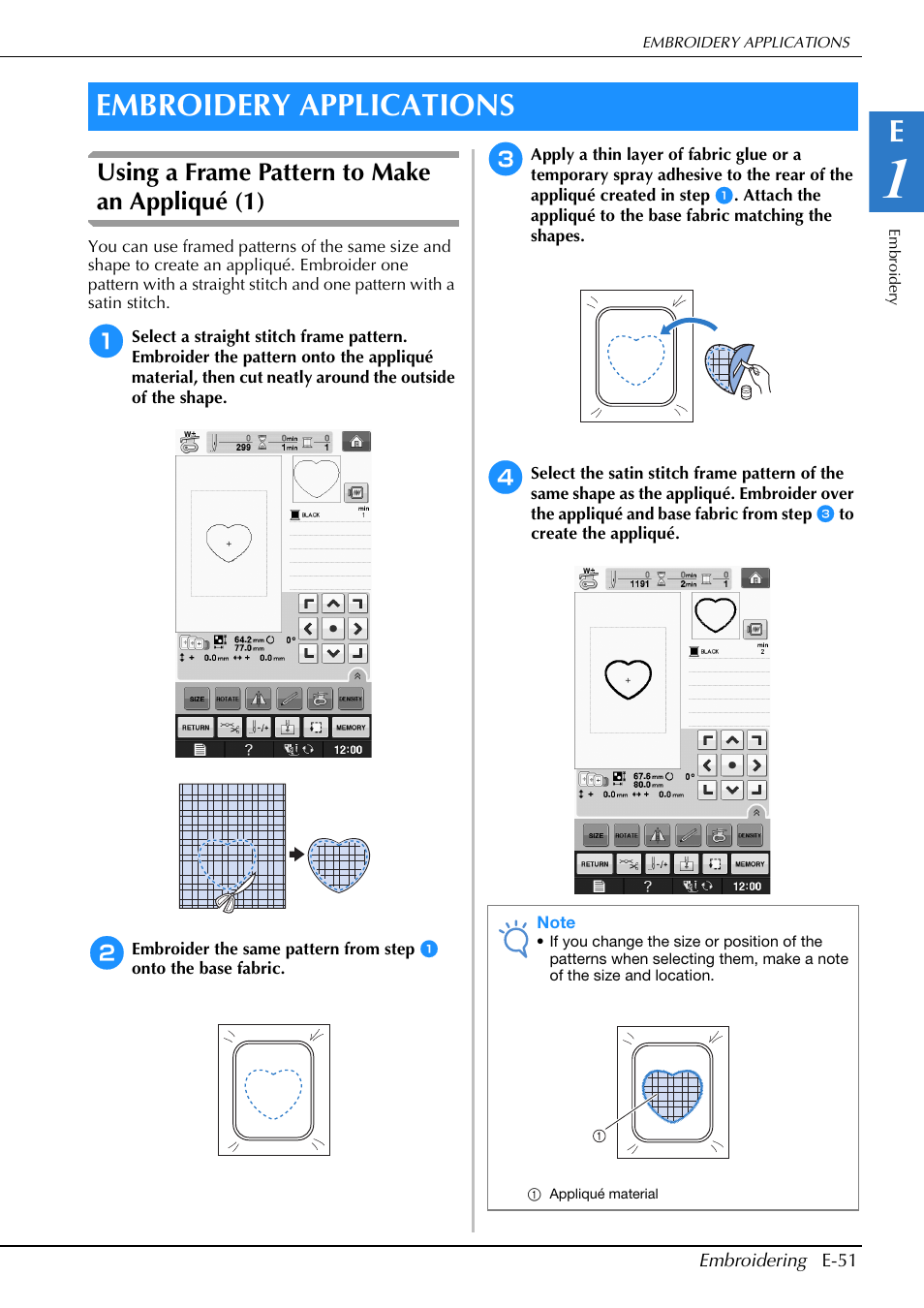 Embroidery applications, Using a frame pattern to make an appliqué (1) | Brother Innov-is V5 User Manual | Page 231 / 312