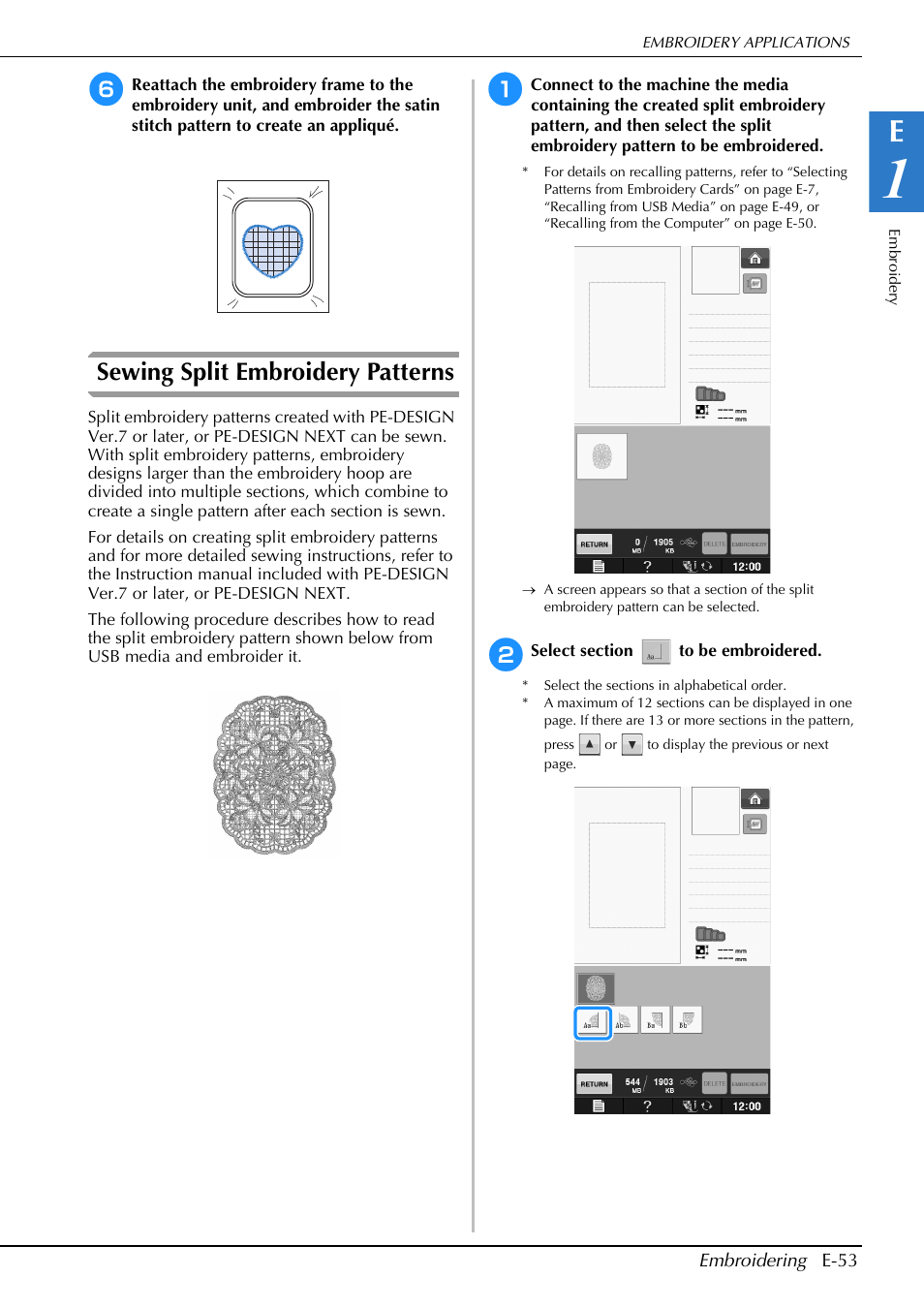 Sewing split embroidery patterns | Brother Innov-is V5 User Manual | Page 233 / 312