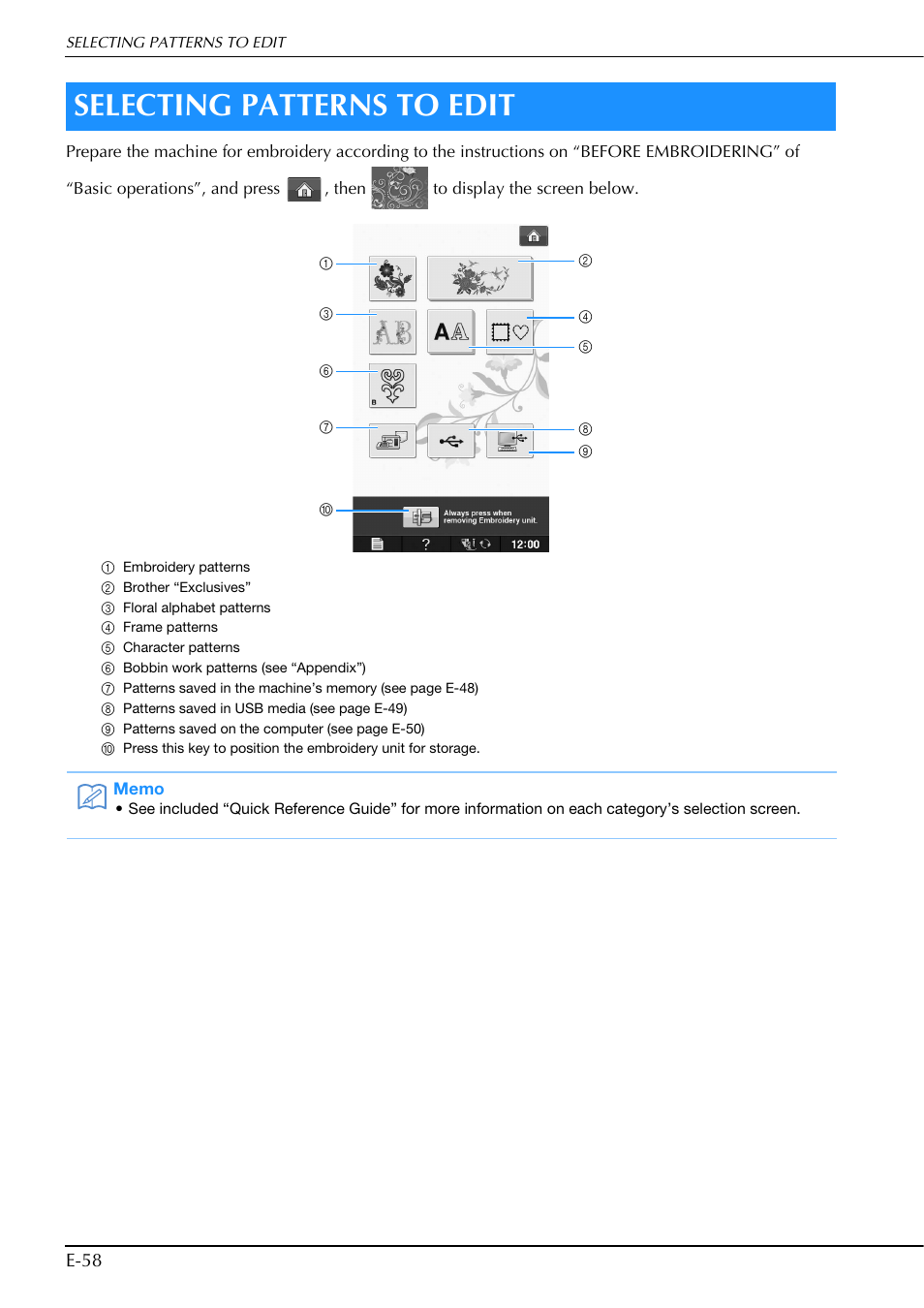 Selecting patterns to edit | Brother Innov-is V5 User Manual | Page 238 / 312