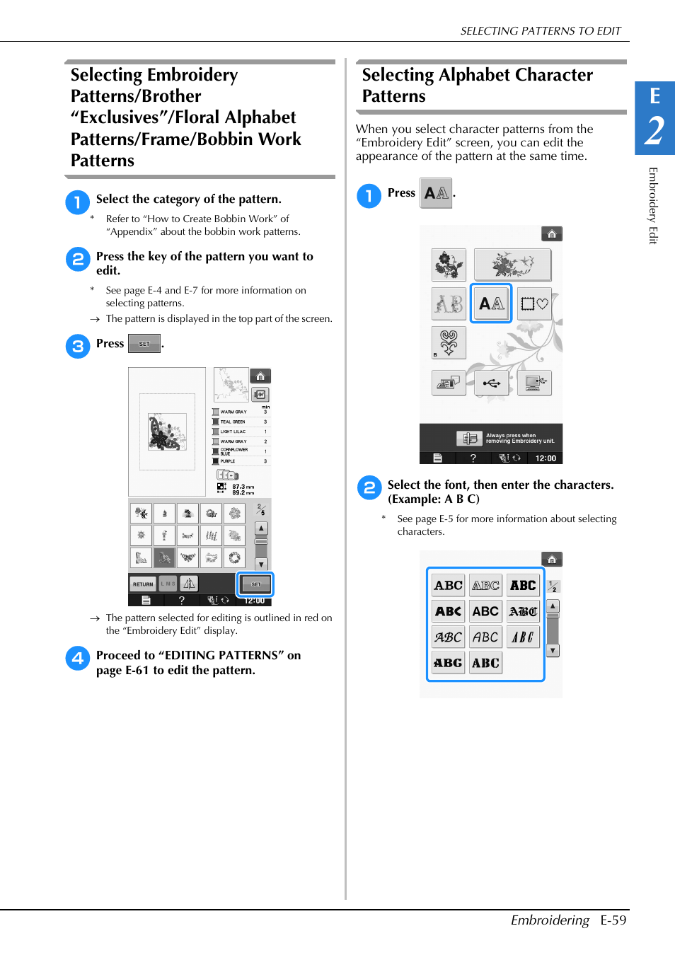 Selecting alphabet character patterns | Brother Innov-is V5 User Manual | Page 239 / 312
