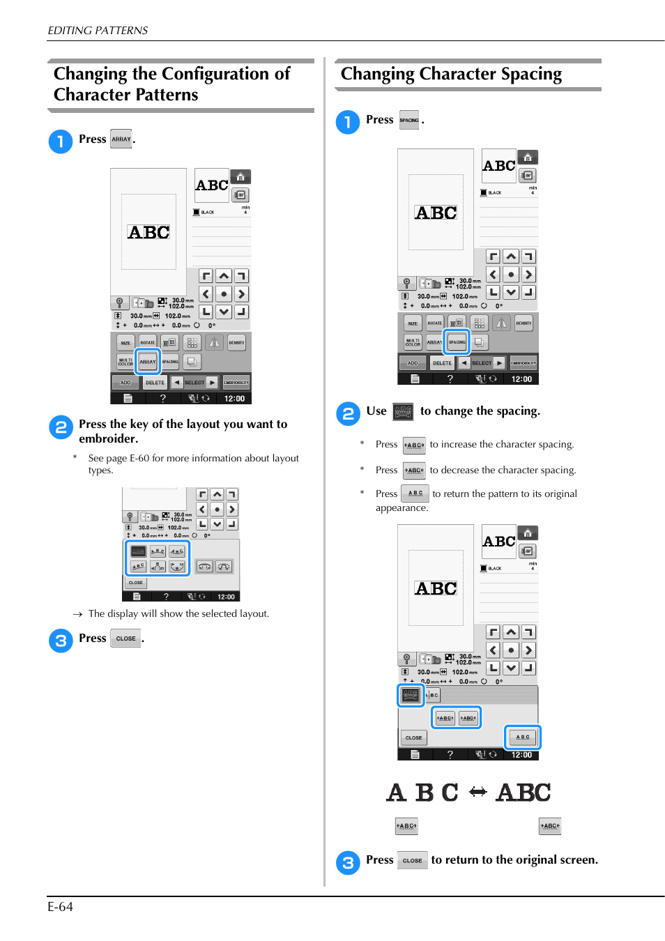 Changing the configuration of character patterns, Changing character spacing | Brother Innov-is V5 User Manual | Page 244 / 312
