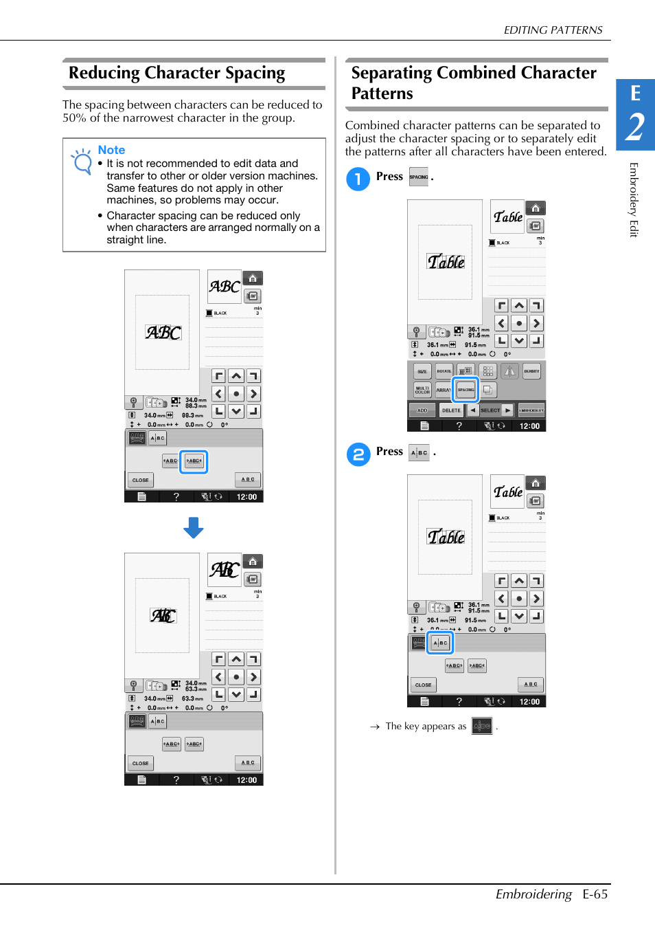 Reducing character spacing, Separating combined character patterns | Brother Innov-is V5 User Manual | Page 245 / 312