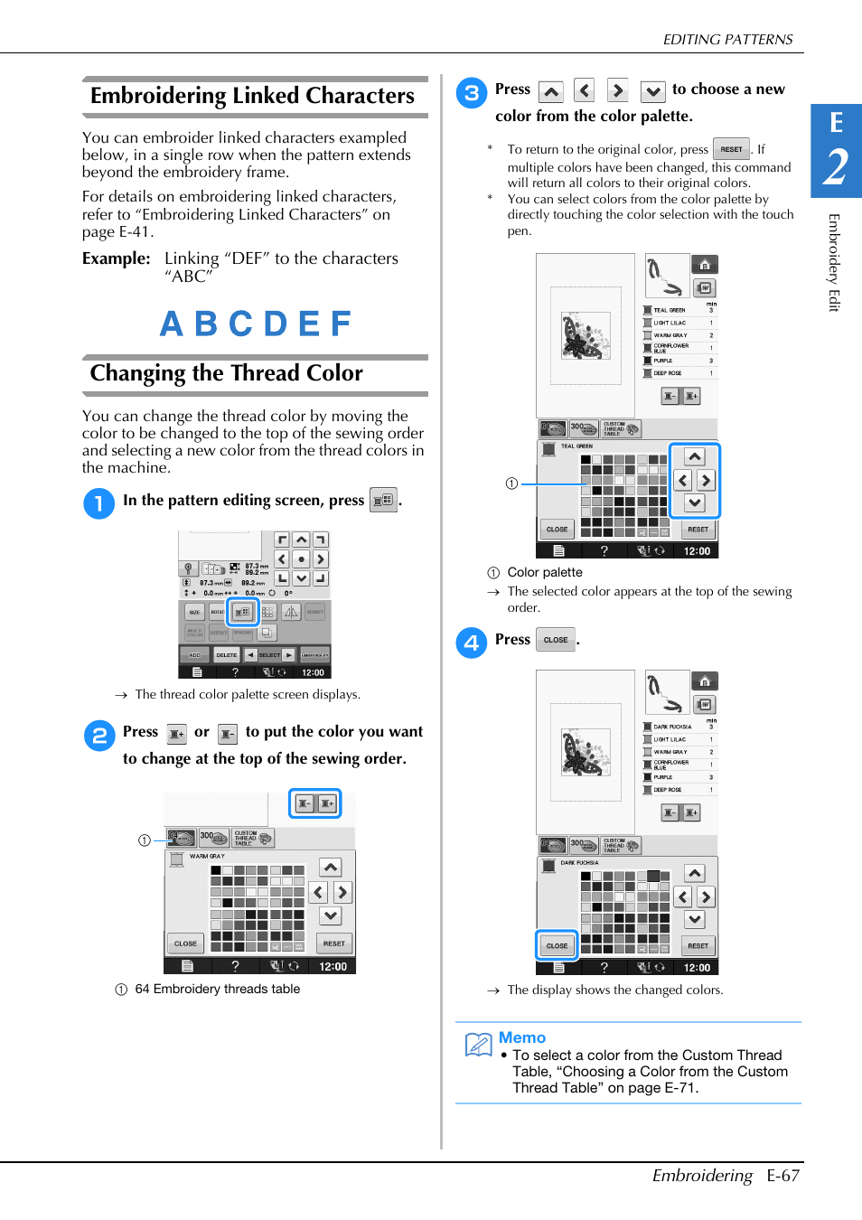 Embroidering linked characters, Changing the thread color | Brother Innov-is V5 User Manual | Page 247 / 312