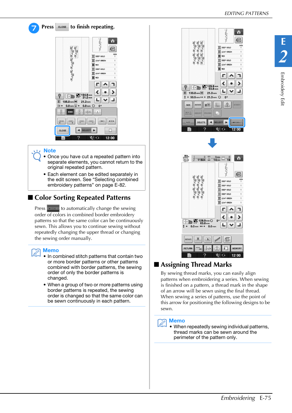 Color sorting repeated patterns, Assigning thread marks | Brother Innov-is V5 User Manual | Page 255 / 312
