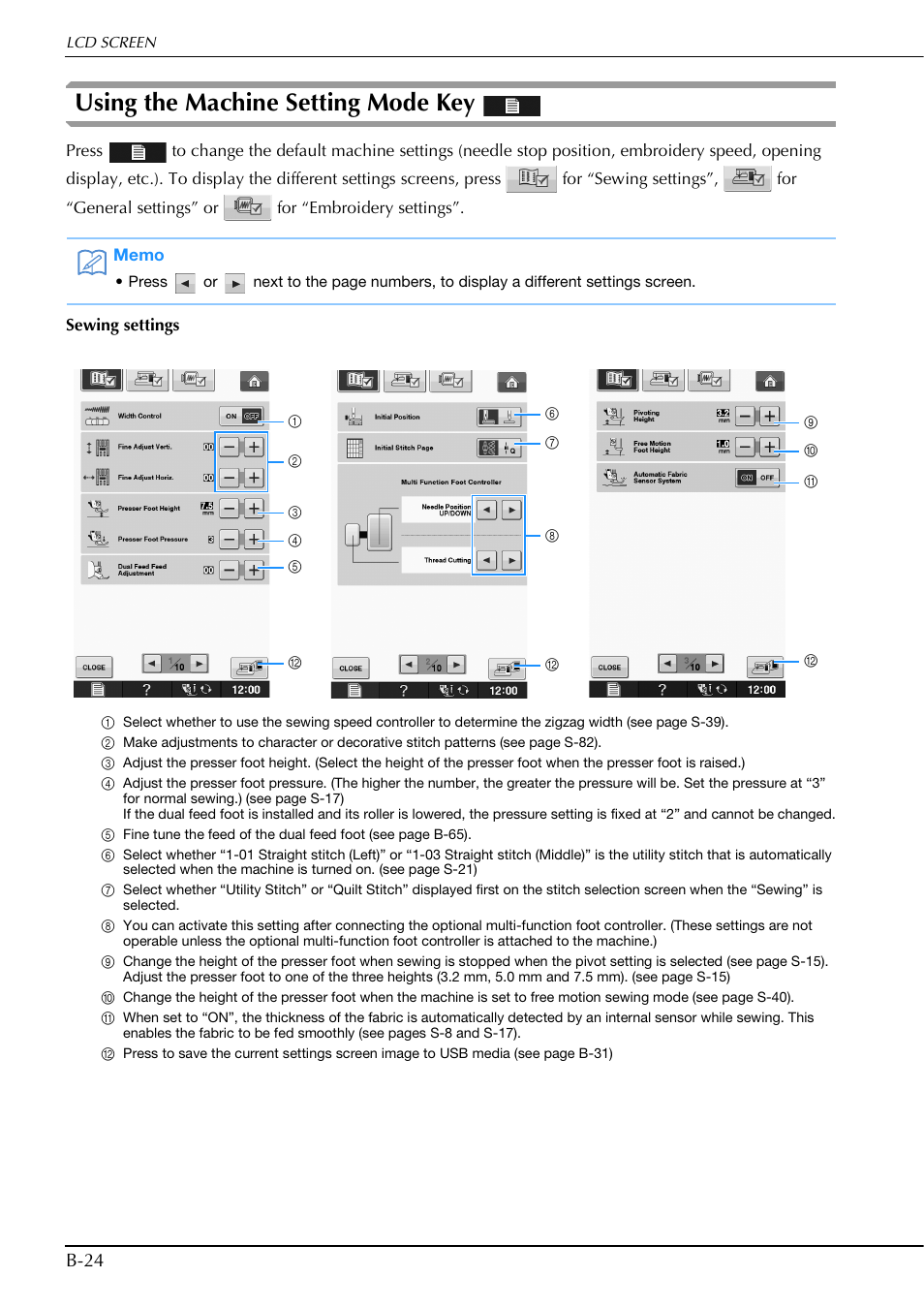 Using the machine setting mode key, B-24 | Brother Innov-is V5 User Manual | Page 26 / 312
