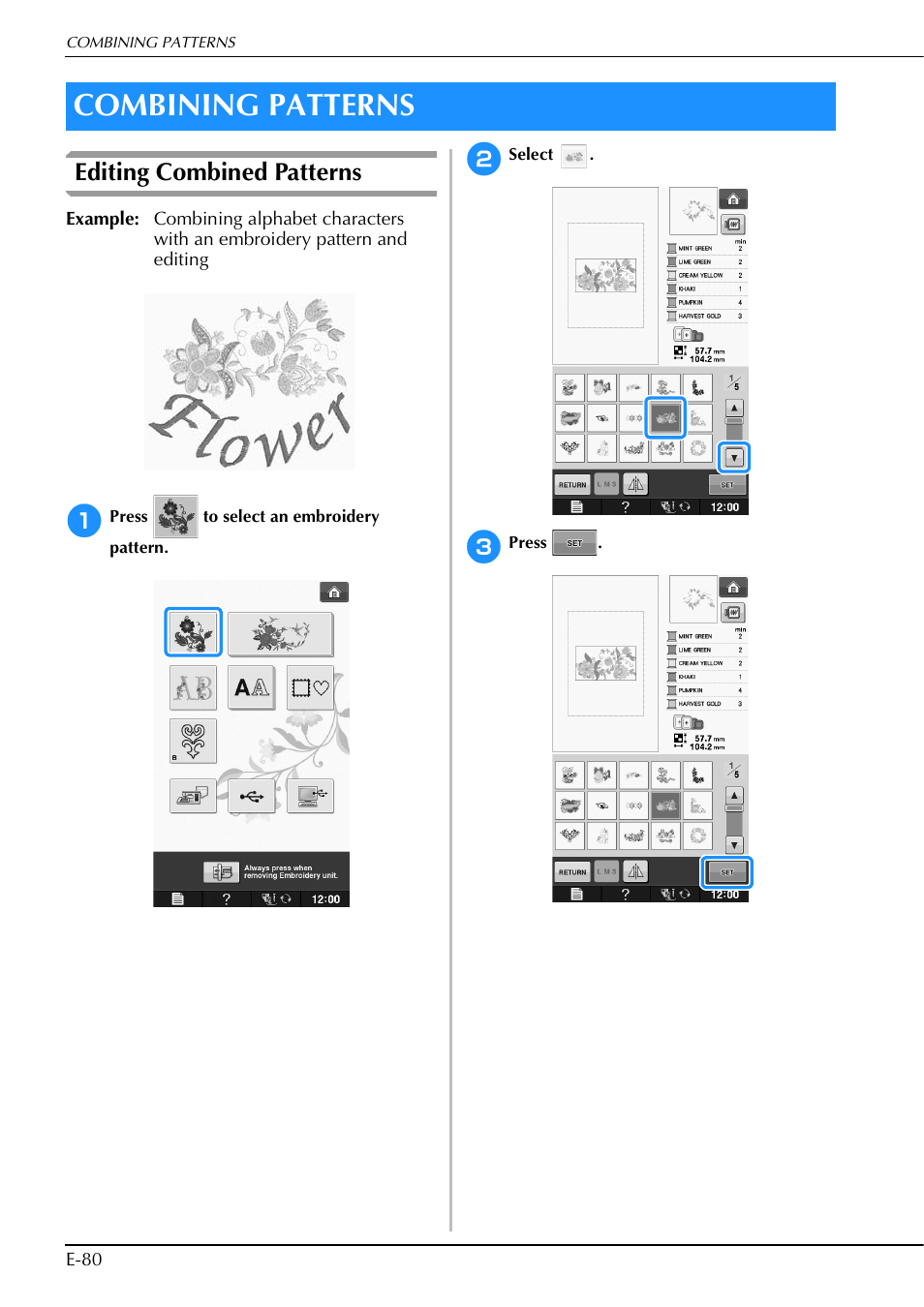Combining patterns, Editing combined patterns | Brother Innov-is V5 User Manual | Page 260 / 312