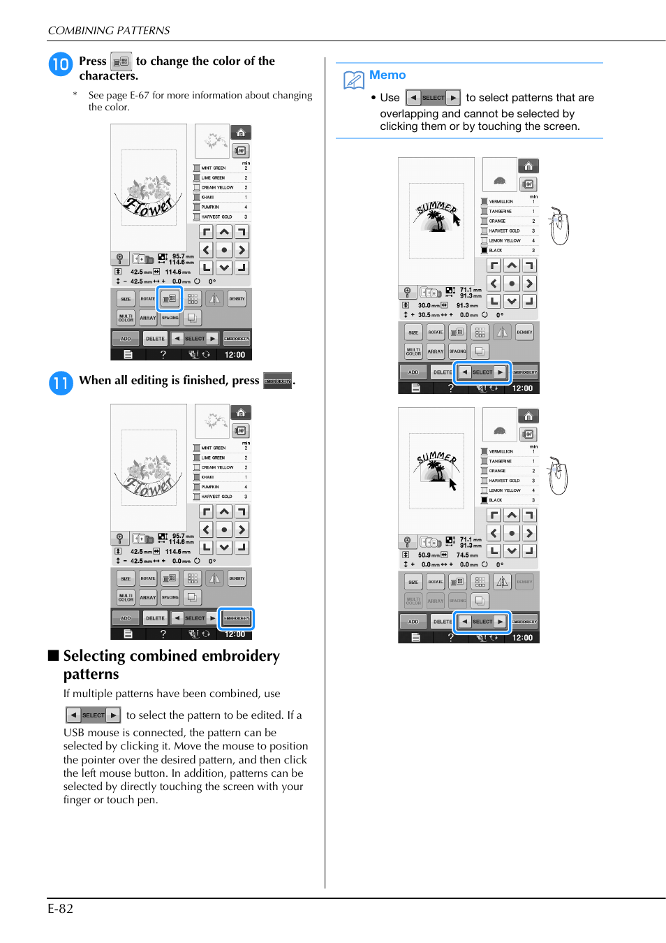 Selecting combined embroidery patterns | Brother Innov-is V5 User Manual | Page 262 / 312