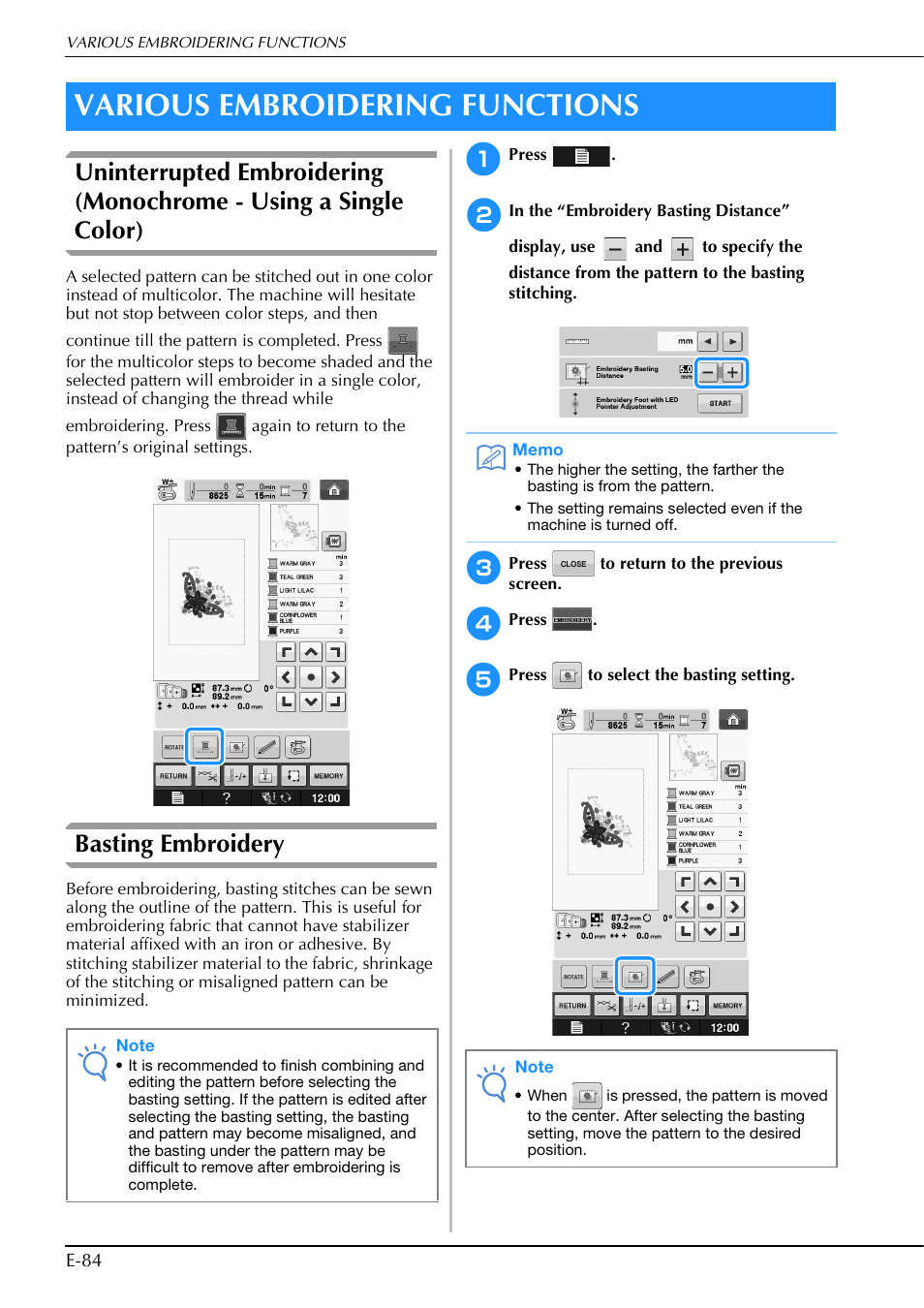Various embroidering functions, Basting embroidery | Brother Innov-is V5 User Manual | Page 264 / 312