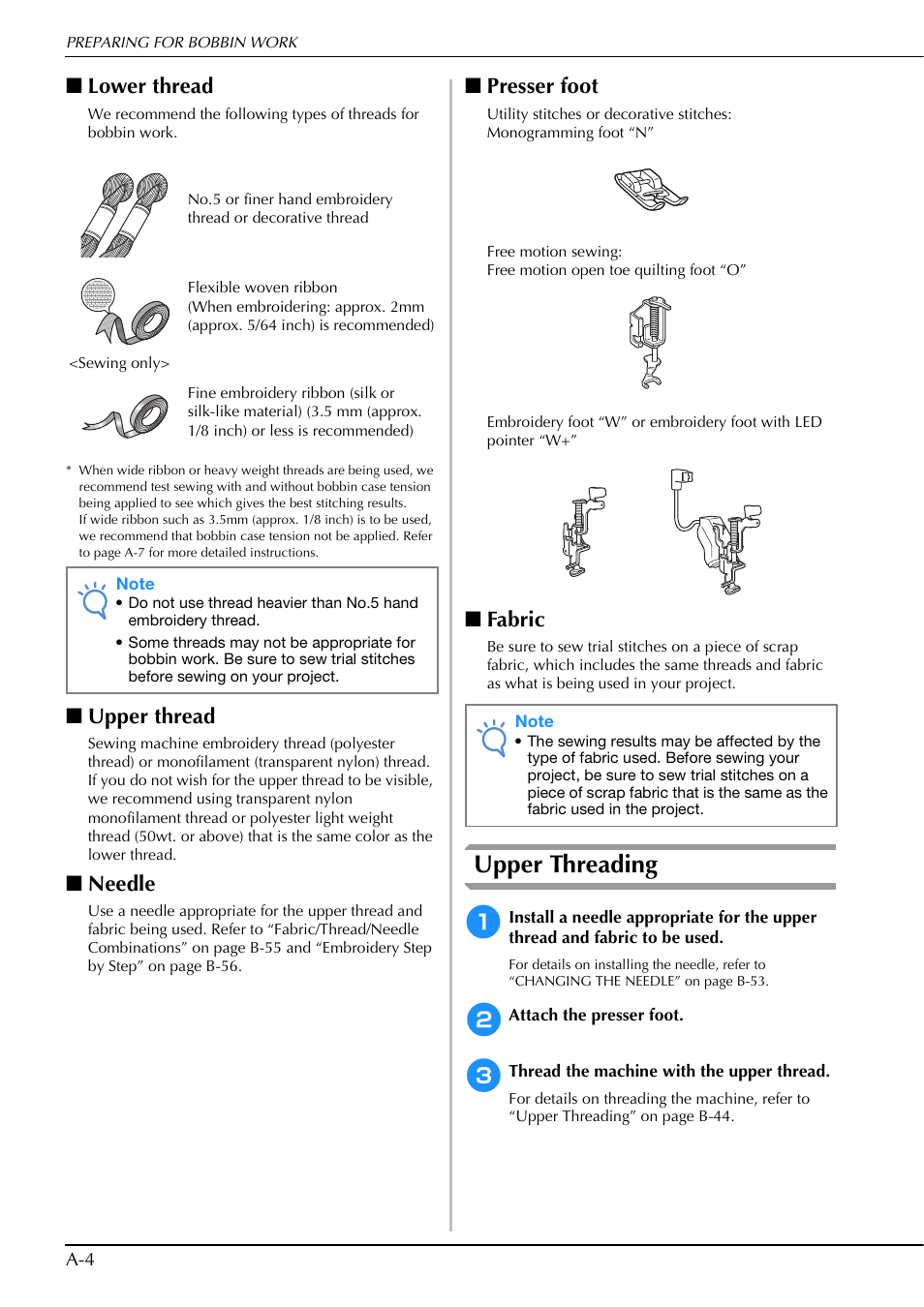 Upper threading, Lower thread, Upper thread | Needle, Presser foot, Fabric | Brother Innov-is V5 User Manual | Page 270 / 312